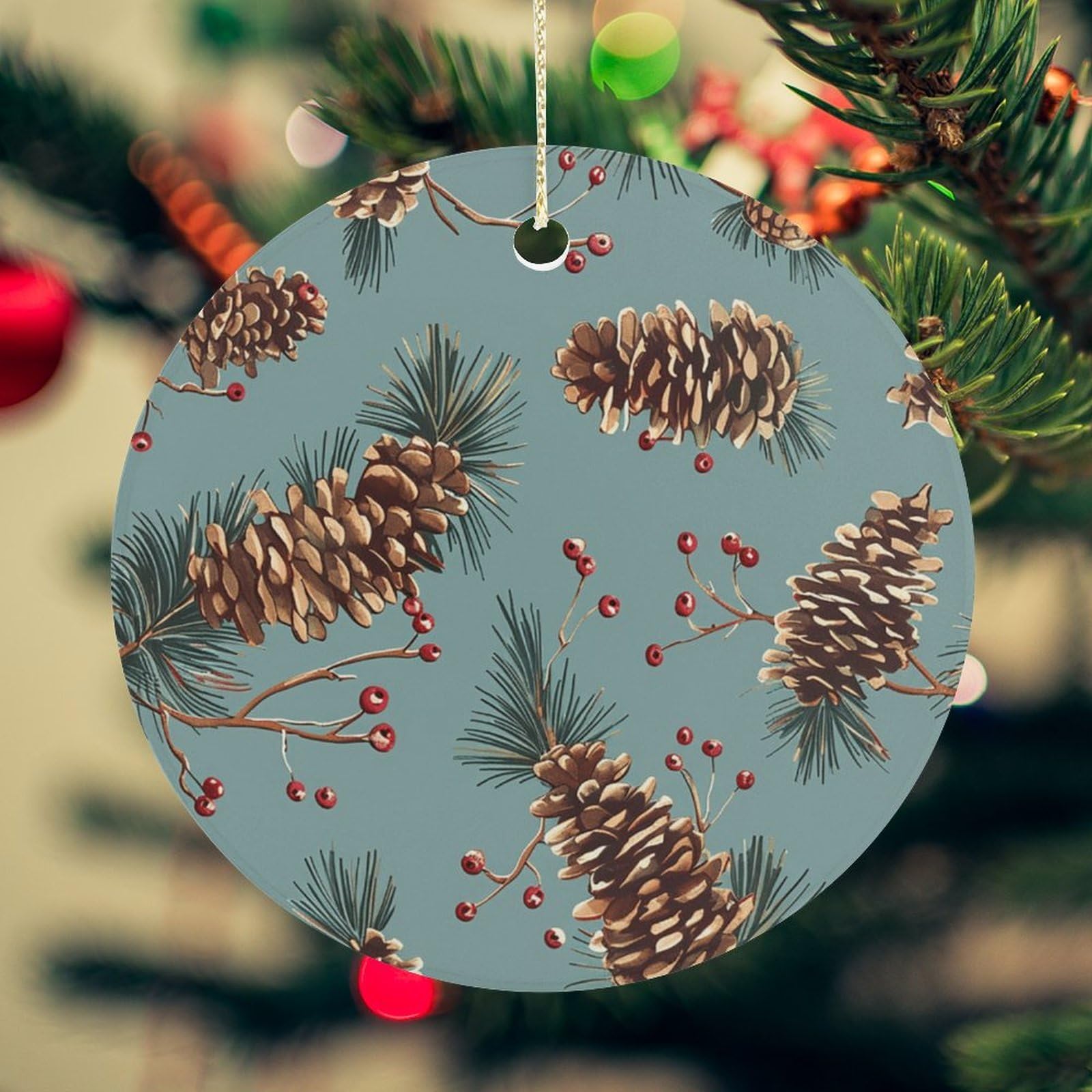 with Pine Cones Christmas Ornament for Christmas Tree Ceramic Round Ornament Winter Holiday Keepsake Gift 2.7" Christmas Tree Hanging Decorations Circle Ceramic Pendant Xmas Gift
