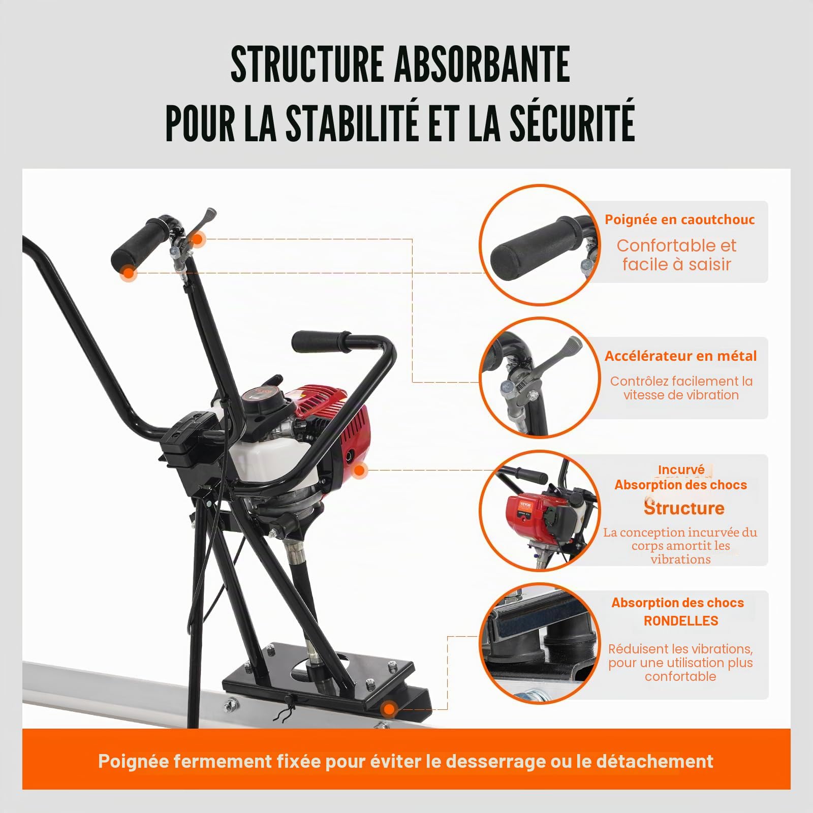 VEVOR Chape électrique pour béton à gaz 3370 mm kit flotteur barre aluminium 6500 tr/min finition ciment 4 temps poignées réglables