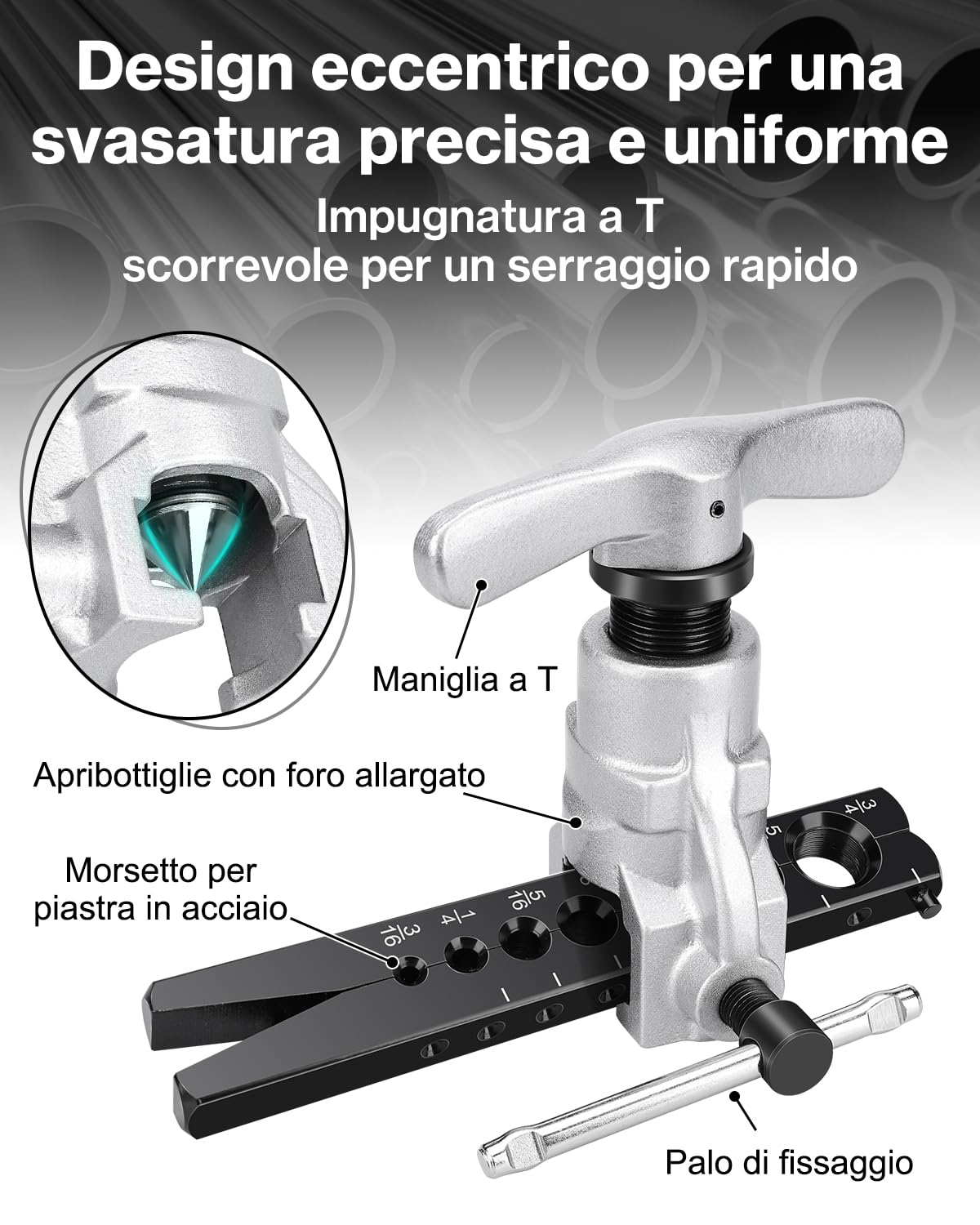 Cartellatrice per Tubi in Rame 3/16"-3/4" Svasatura 45° Acciaio 45# Manico a T Scorrevole