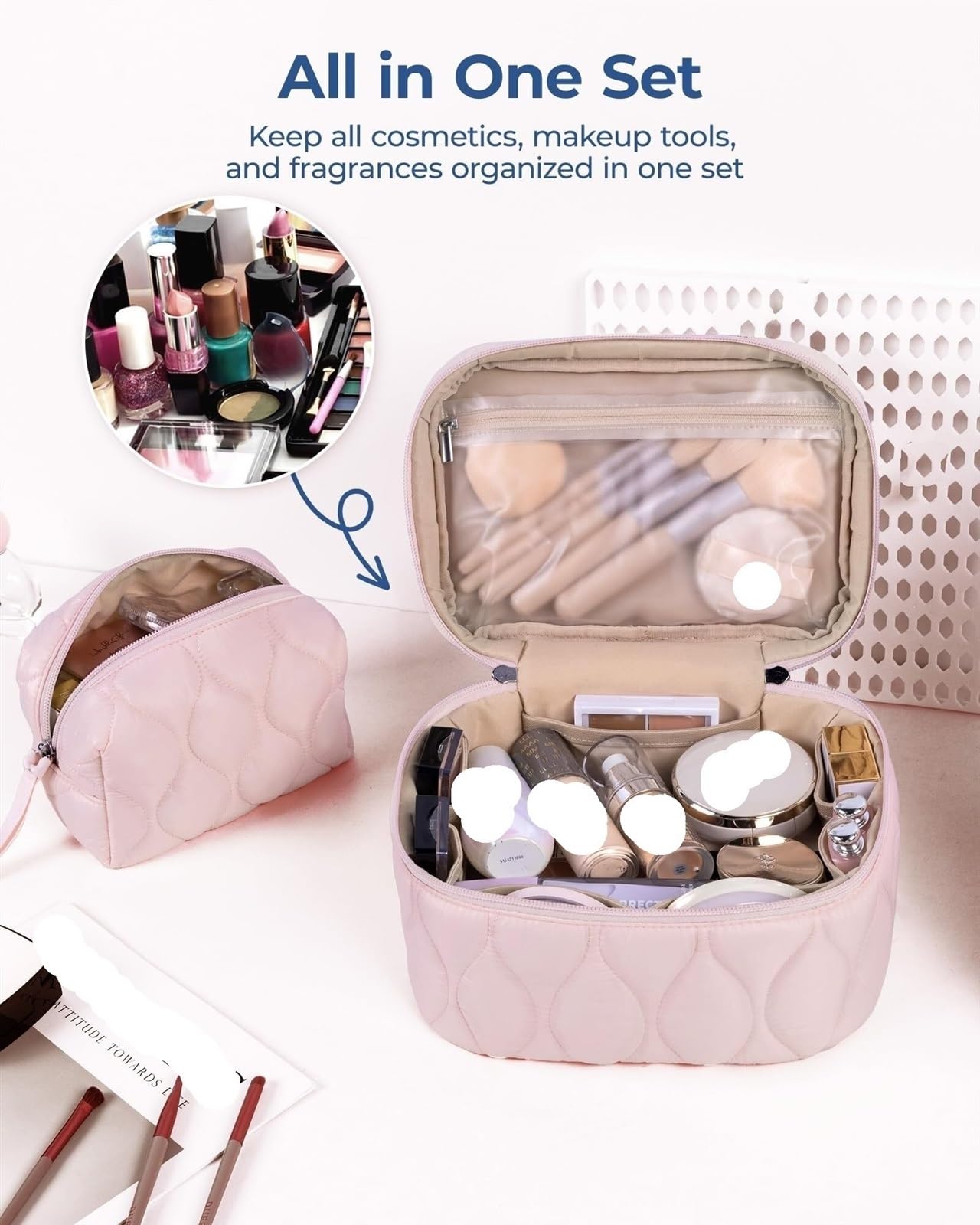 RUVOO Portátil para Viaje Bolsas Bolsa De Cosméticos De Viaje, Bolsa De Cosméticos Acolchada Esponjosa, Bolsa De Maquillaje For Mujer, Bolsa De Aseo Organizador Maquillaje(Pink)