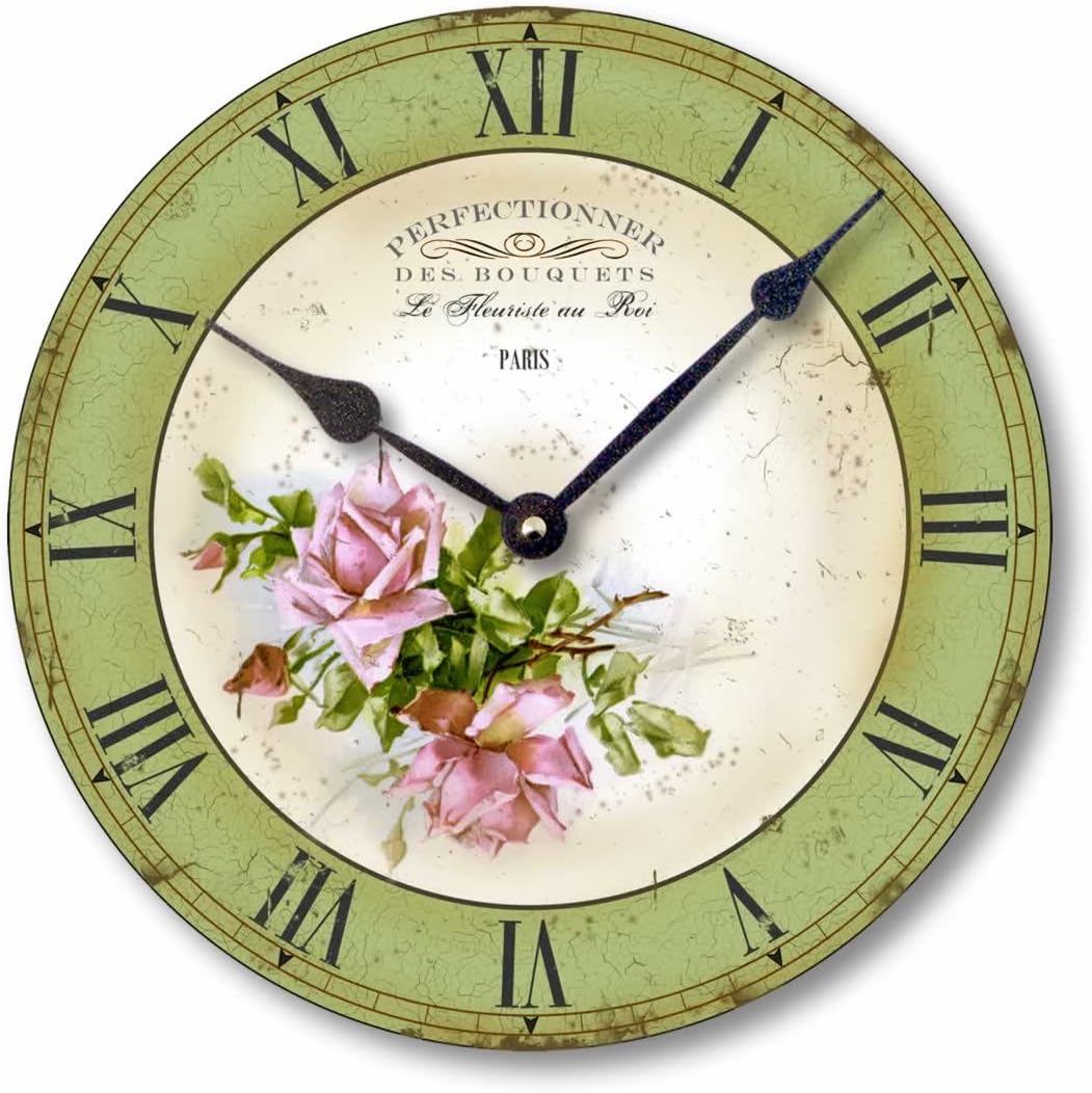 Item C2016 Vintage Style 10.5 Inch Pink Roses French Florist Clock