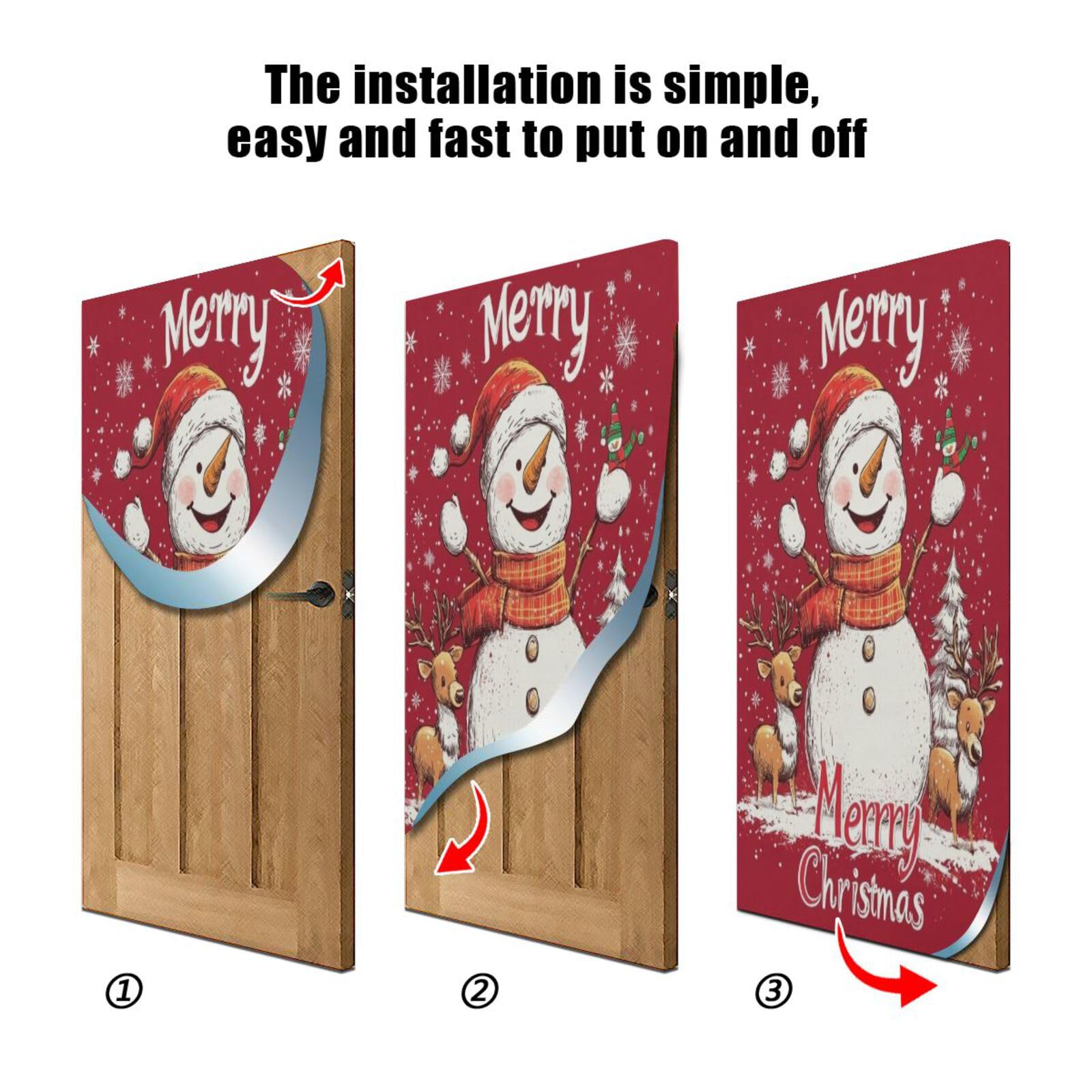 J JOYSAY Red Merry Christmas Snowman Door Decorations Door Cover Christmas Door Decor Xmas Front Door Decorations for Christmas Party,36x98 in