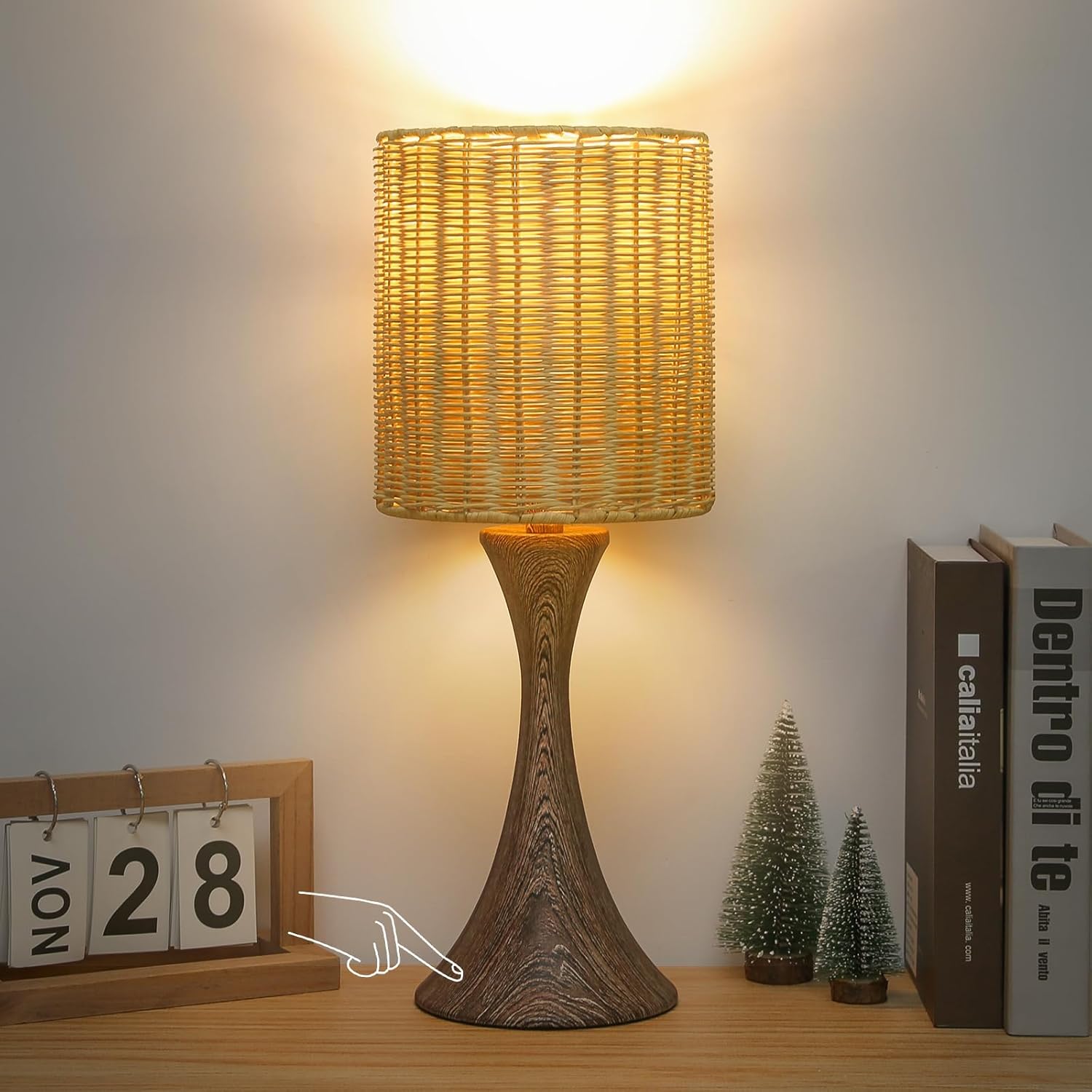 Rattan Touch Lamp, Bedside Table Lamp with Wood Grain Base, 3 Way Dimmable Nightstand Lamp Farmhouse Desk Lamp Small Night Light for Living Room, Dorm, Home Office, 9W LED Bulb Included