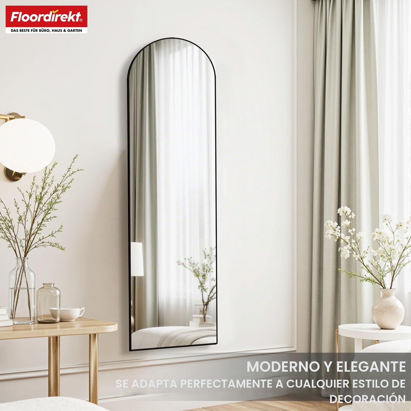 Floordirekt Espejo de cuerpo entero, 150 x 40 cm, espejo de pie abovedado, marco de aleación de aluminio, vidrio templado, para dormitorio, salón, armario, negro Madison