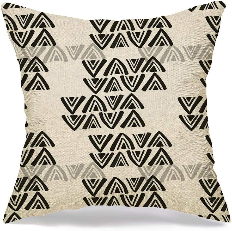 Pillow Cover Black Design Hand Drawn African Tribal Inspired Pattern Abstract Drawing Geometric Graphic Line Soft Decorative Linen Square Throw Pillow for Couch Sofa Cushion Cover 20x20 inch