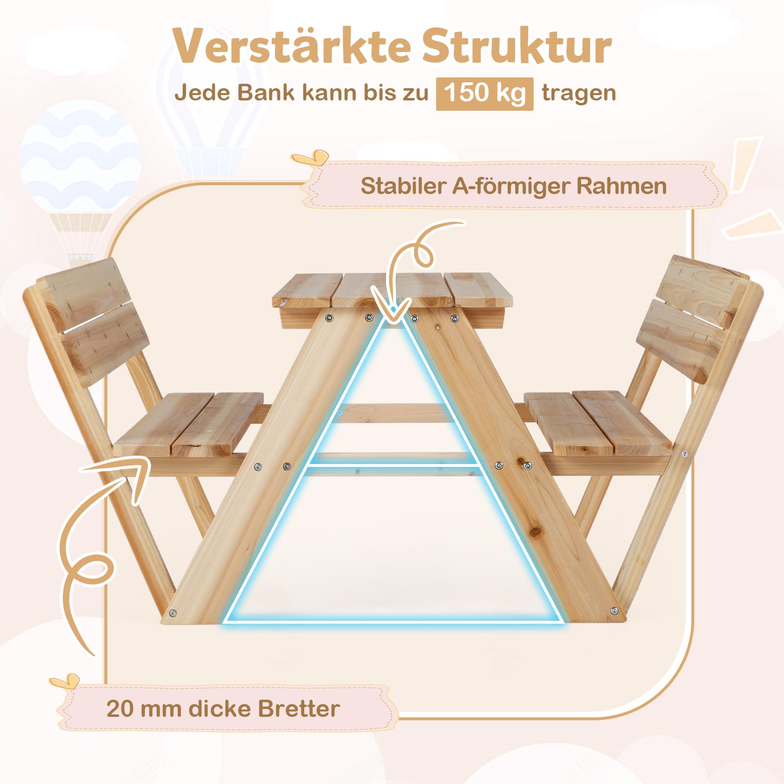 COSTWAY Kinder Picknicktisch, Kindersitzgruppe Outdoor mit Tisch & 2 Sitzbänken, Kindersitzgarnitur Garten für bis zu 4 Kinder, Sitzgruppe Gartenmöbel aus Holz für Jungen & Mädchen ab 3 Jahren