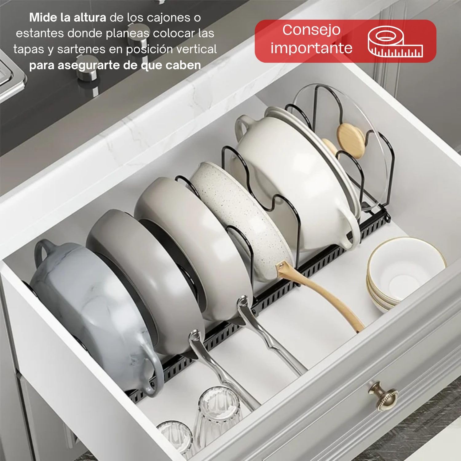 Organizador de Sartenes y Ollas Extensible con 10 Separadores + 2 Clips de Silicona Antiderrame - Soporte de Espátula | Soporte Ajustable para Almacenaje de Tapas, Ollas, Sartenes, Platos…