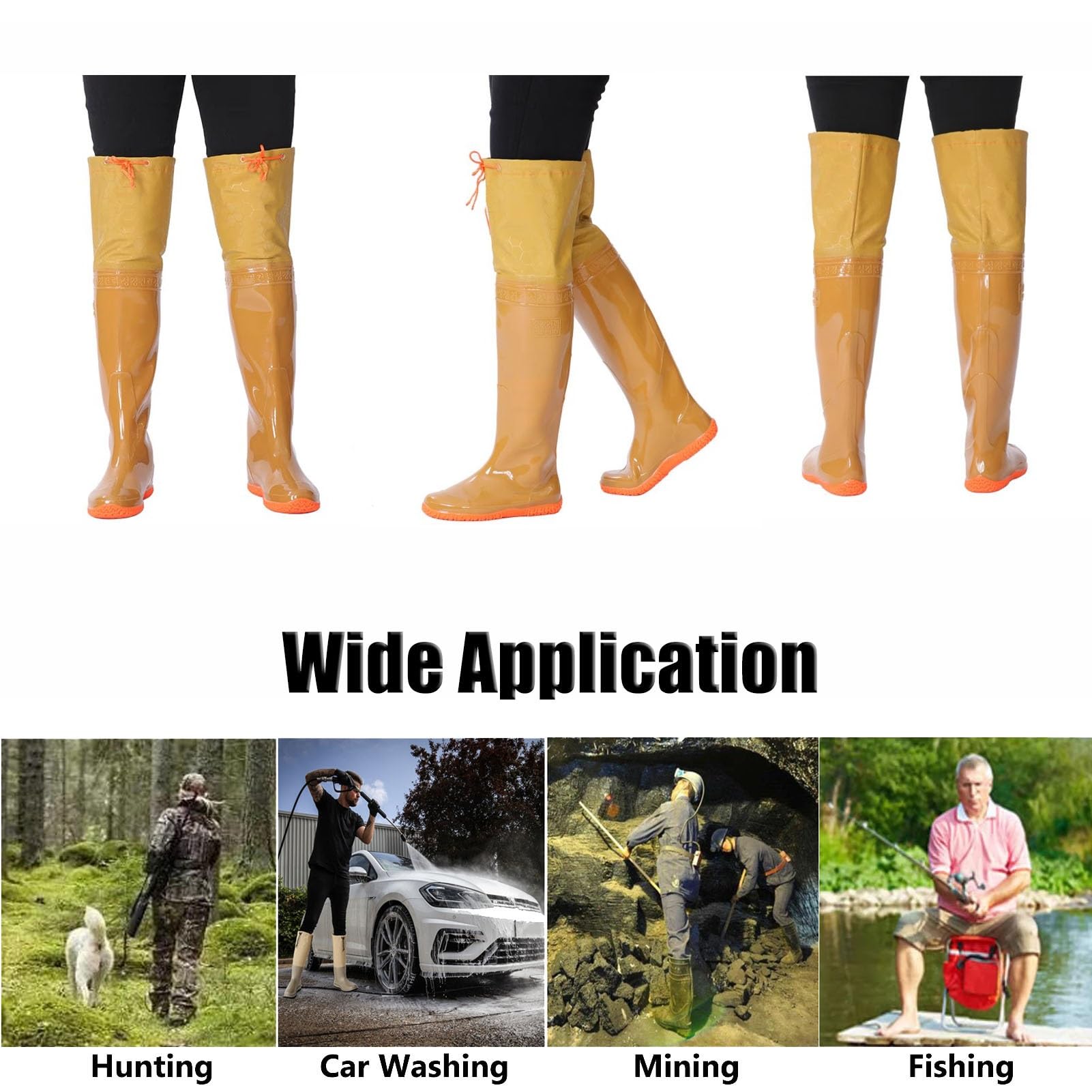 Wodery PVC do połowy uda, Wodery wędkarskie z PVC, wodoodporne, lekkie, bieżnikowaną podeszwą, żółte, różne rozmiary w Wielkiej Brytanii