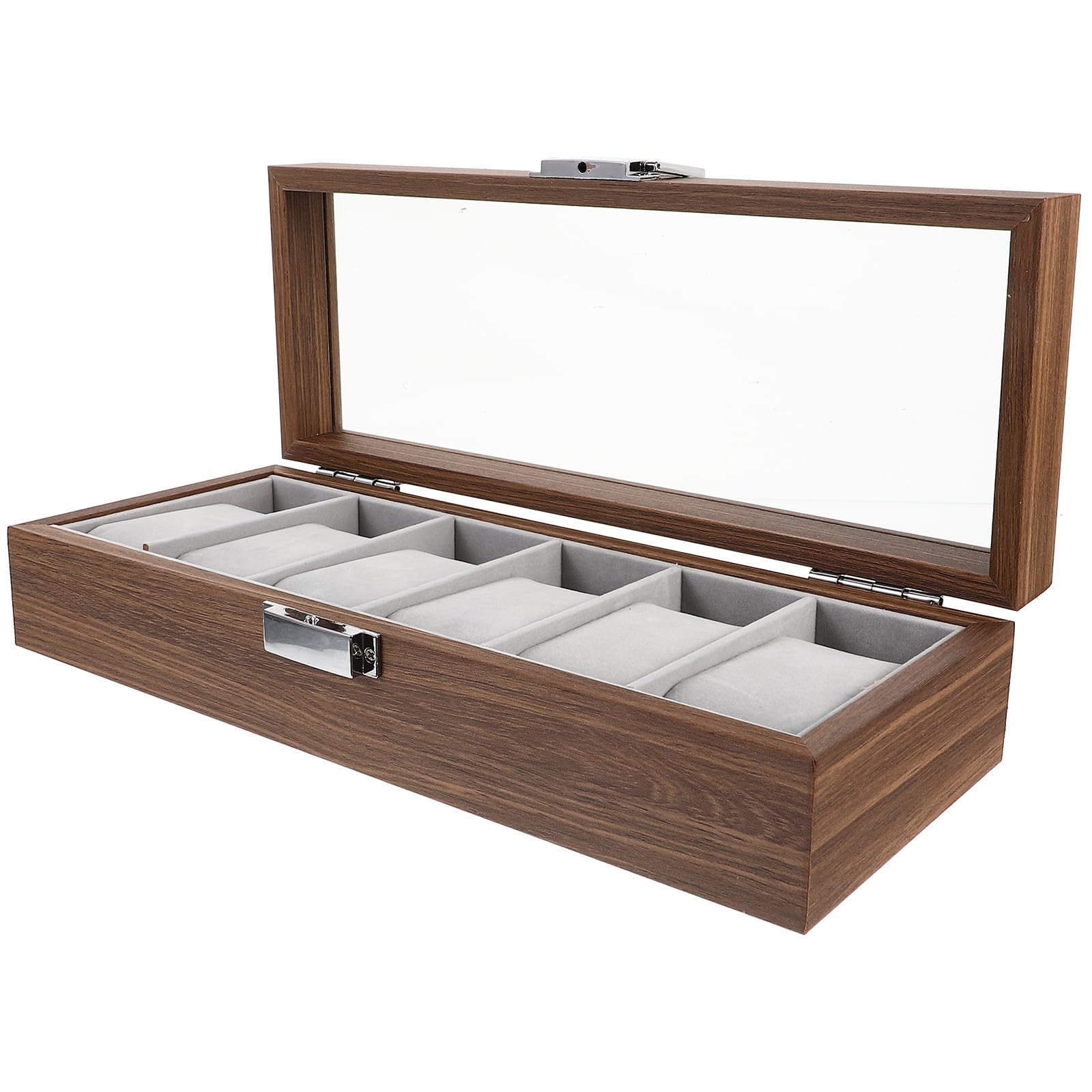 Caja de Exhibición para Relojes de 6 Ranuras en Madera | Tapa Transparente, Acabado Veteado Tipo Nogal, para Hogar o Joyería, Organiza y Protege Piezas
