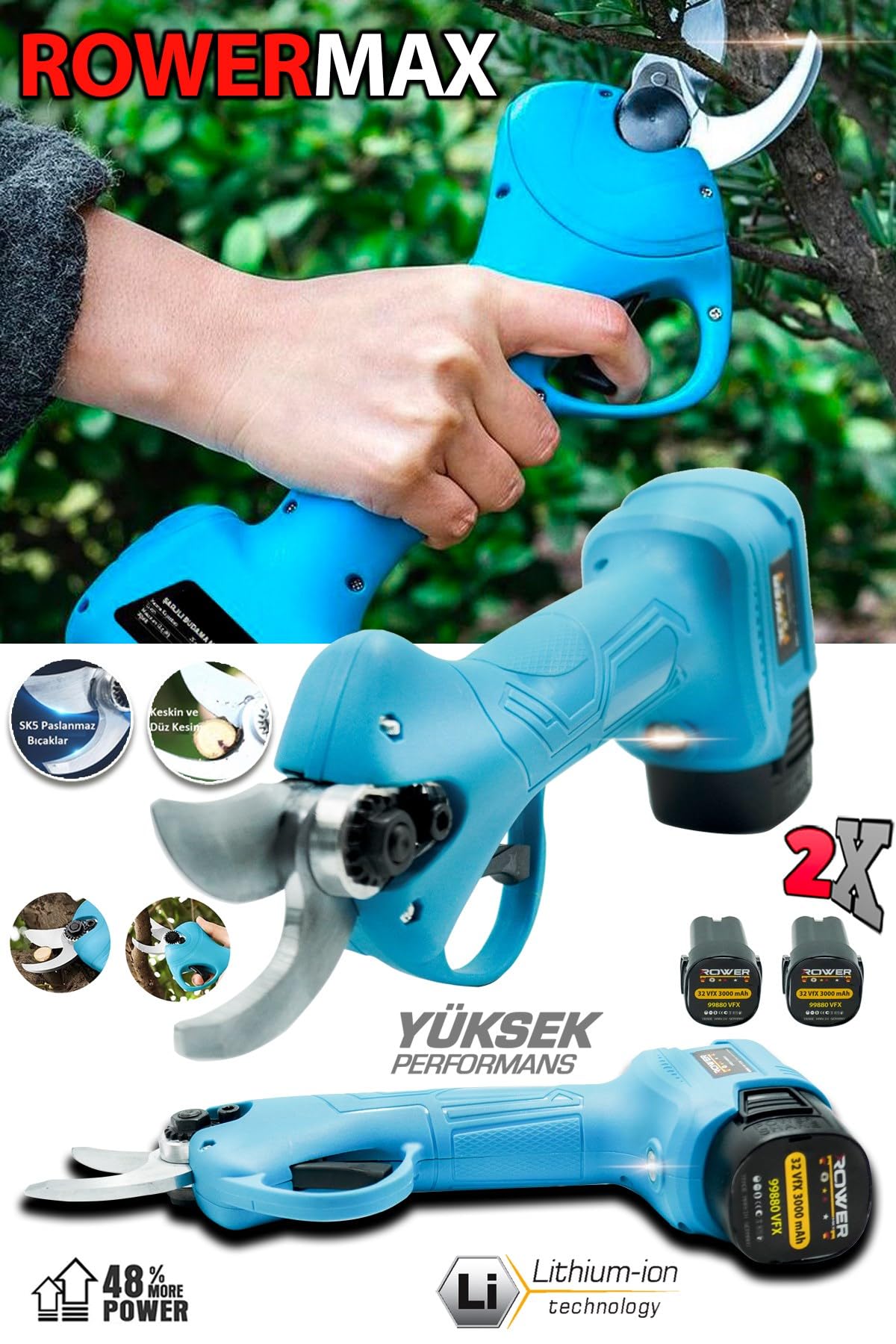 ANADOLUSTRONG ROWERMAX Alman Çift Akülü Budama Makası 32VFX