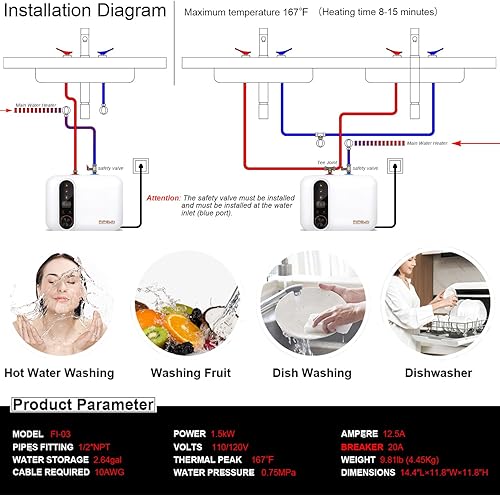 Miniatura 7 de Calentador eléctrico de agua caliente de 110120 V, tanque compacto pequeño, Rv Tr 2.5-3.0 galones remolque 1440-1500 W cocina instantánea debajo del