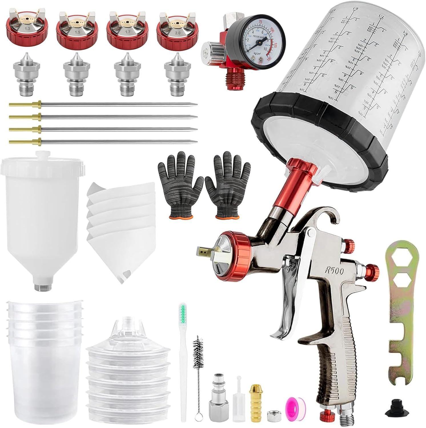 LVLP Automotive Paint Spray Gun R500 Kit, 1.3/1.5/1.7/2.0mm Nozzles LVLP Spray Gun with 600ml Plastic Cup&650ml Disposable Cups& Air Regulator Set, for Painting