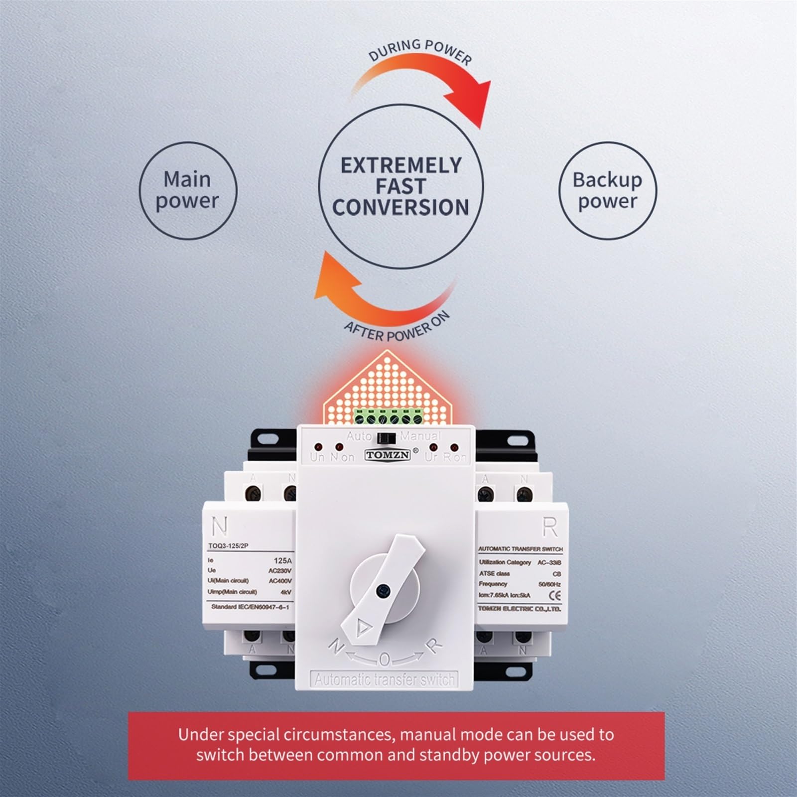 ATS 2P 125A 230V MCB tipo Dual Power Automatic transfer switch TOQ3-2P/125 PV city power Generator
