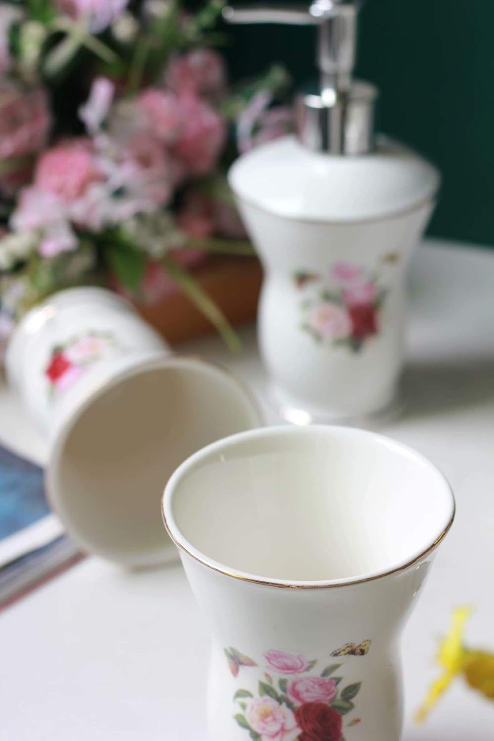 Round Pink and White Set of 5 Bathroom Accessories Set-Pink Flowers Porcelain Pattern Modern Dressing Accessories Set Including Tumbler, Toothbrush Holder and Lotion Bottle, Soap Dish