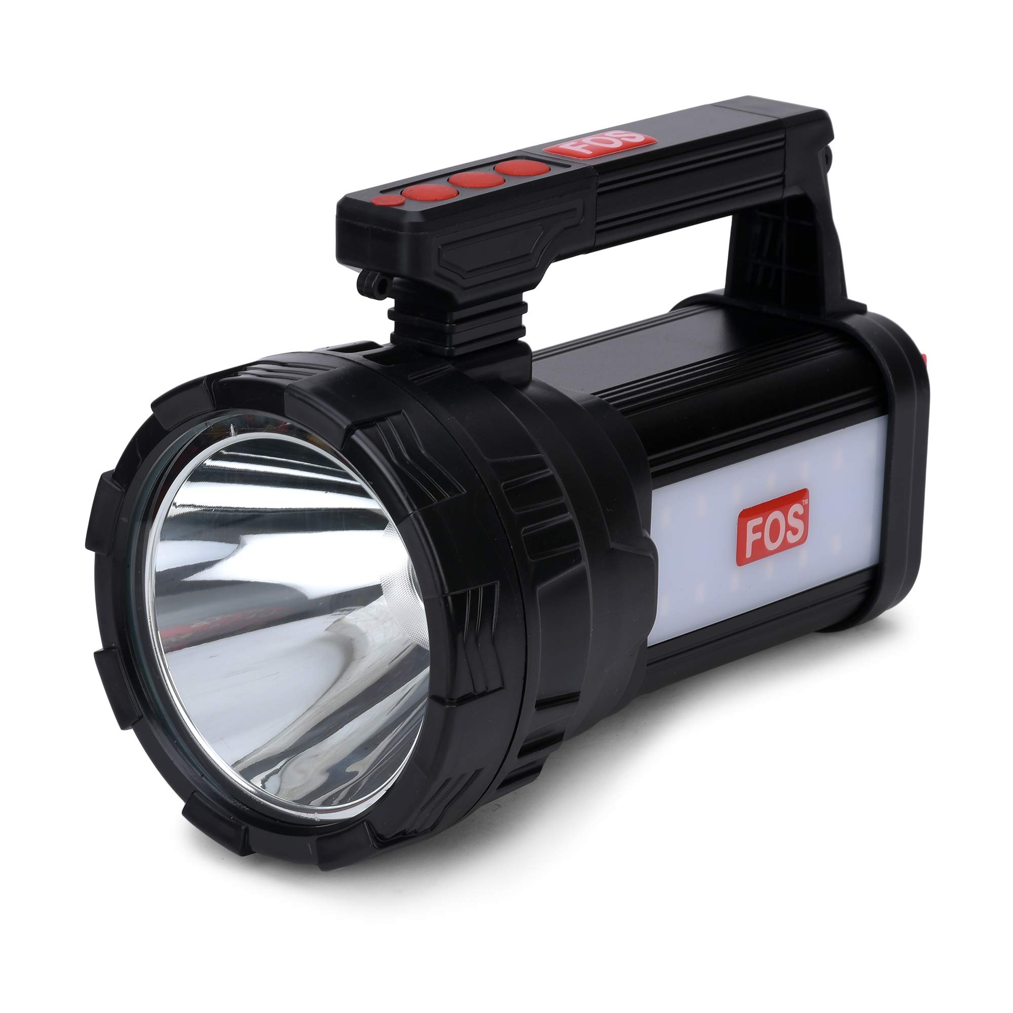 FOS LED Search Light 15W - 1500 Lumens (Operating Range 1 Km.) with Lithium Battery - Multi-Functional (Dual Side Work-Signal Light) Rechargeable Handheld Torch