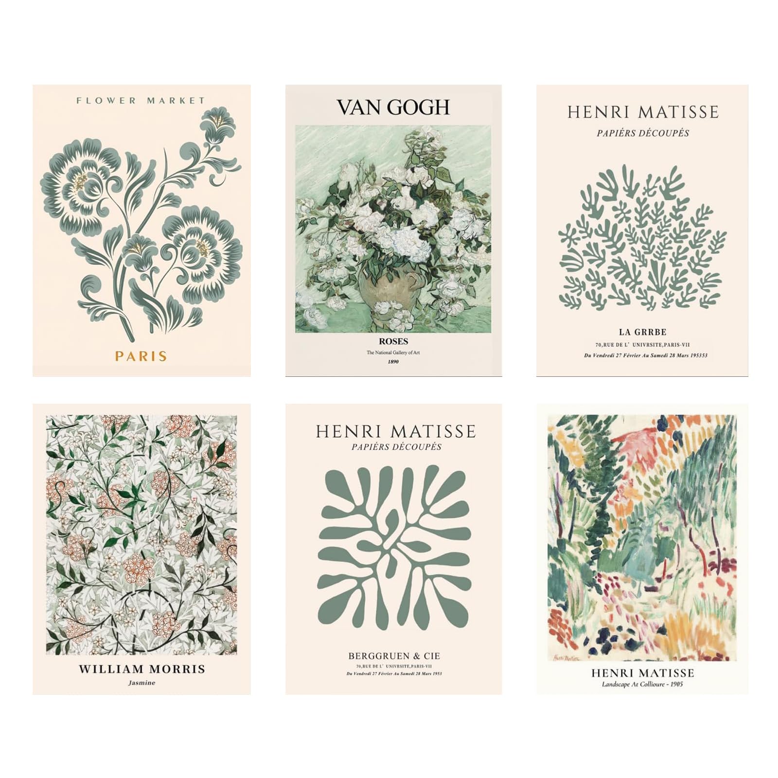 6-Pieces Sage Green Wall Art Set with Minimalist Design, Prints for Walls High Gloss Chemical Fiber Canvas Materials, Botanical Prints for Living Room and Bedroom