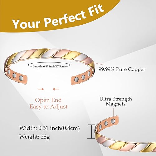 Miniatura 4 de Feraco Pulseras magnéticas de cobre para mujer, pulsera de cobre trenzada de moda para mujer, 99.99% de cobre puro con caja de regalo, regalos para