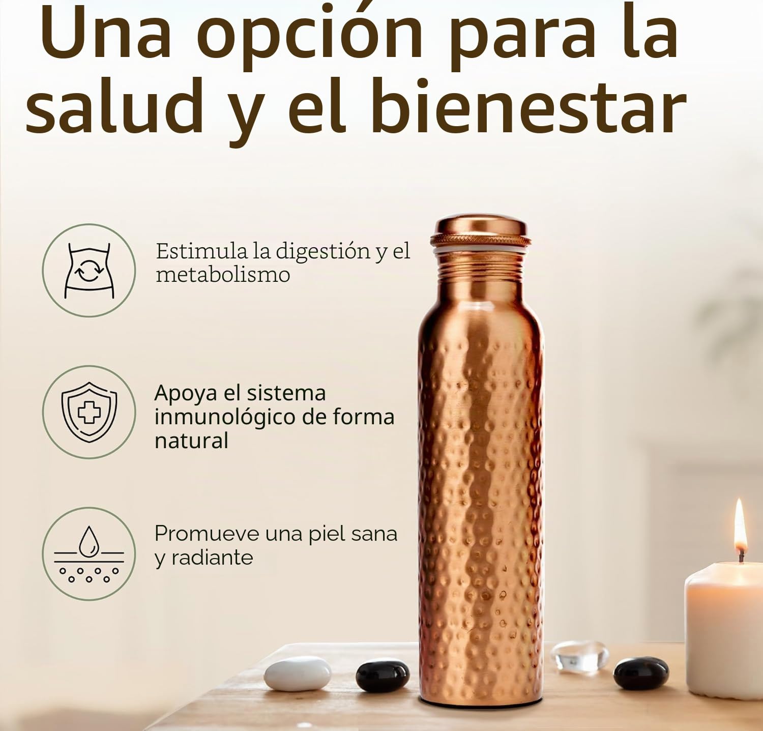 Botella de Agua de Cobre Puro Martillado a Mano 950 ml – Botella Ayurvédica Antifugas Sin BPA para Yoga, Viajes y Oficina con Bolsa de Lona, Bolsillo, Porta Tarjetas y Cepillo