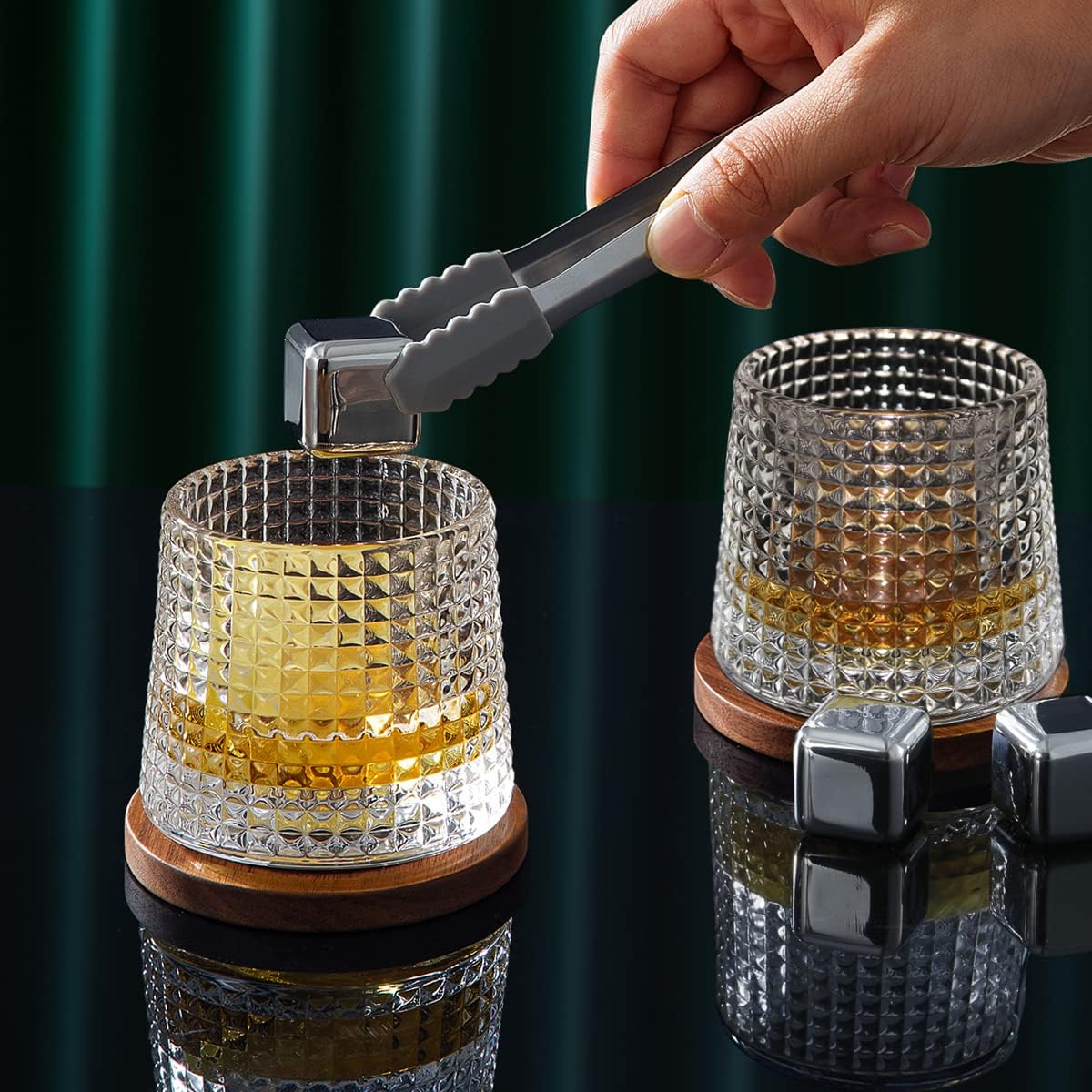 Whiskey Glasses Set of 2, Rotatable Tumbler Crystal Glass Cups, Drinking Glasses with 2Pcs Creative Walnut Coasters and Gift Box - for Scotch,Bourbon,Cocktails - Image 9