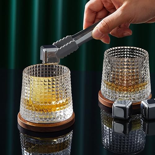Miniatura 9 de Juego de 2 vasos de whisky giratorios, vasos de cristal con 2 posavasos creativos de nogal y caja de regalo, para escocés, bourbon, cócteles