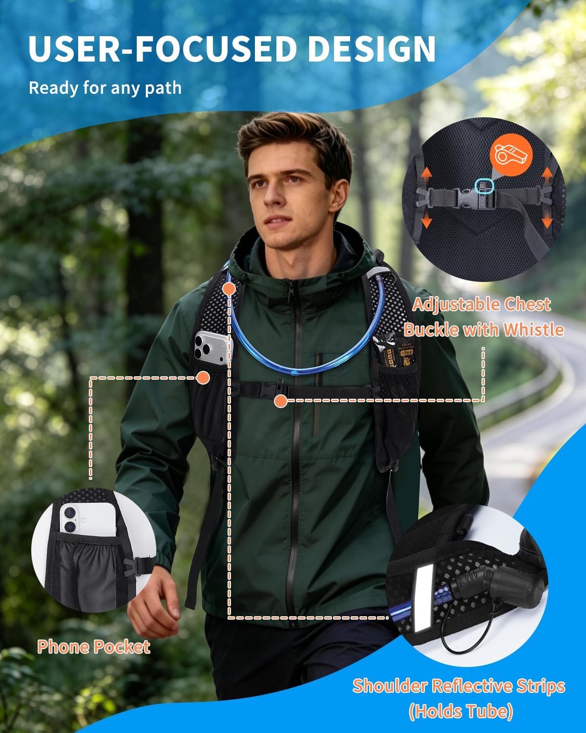 Blue Quartz Hydration Backpack with 2L Water Bladder, 18L Hiking Backpack for Women Men, Lightweight Water Pack with Phone Pocket for Quick Access, Hydration Pack for Cycling, Running, Biking