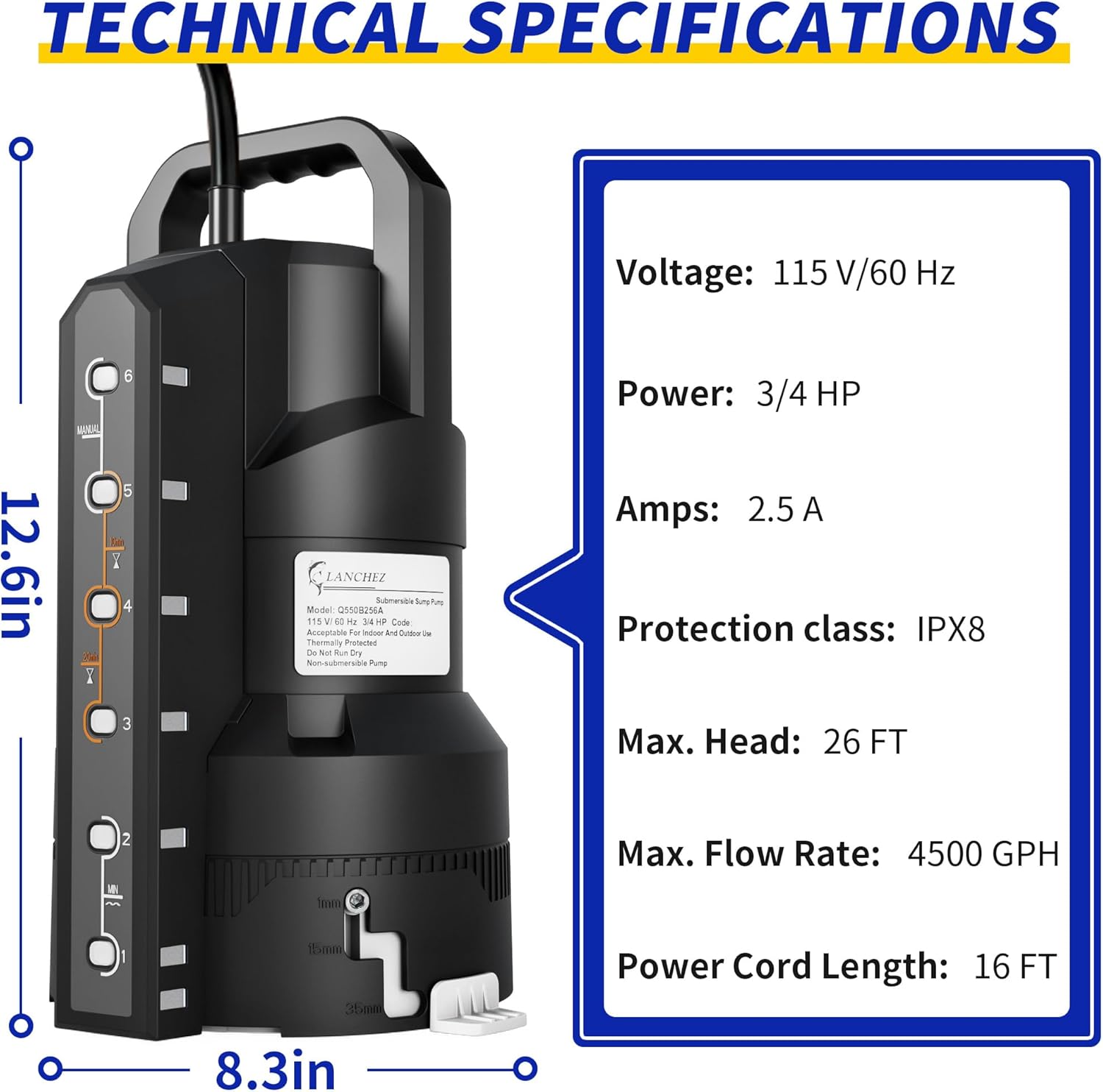 LANCHEZ 3/4HP 4500GPH Automatic Sump Pump with 6 Modes, Clean/Dirty Submersible Water Pump, Thermoplastic Water Removal Transfer Pump with 16FT Cord for Pools Basement Garden Pond, Black