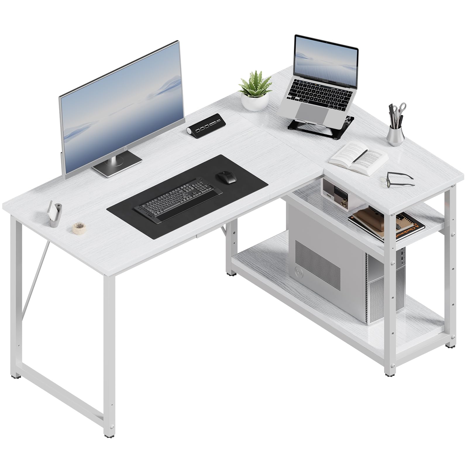 JUMMICO L Shaped Desk 120x80cm with Storage, Corner Computer Desk with Reversible Shelf, Sturdy Office Desk & Workstations for Home Office, White