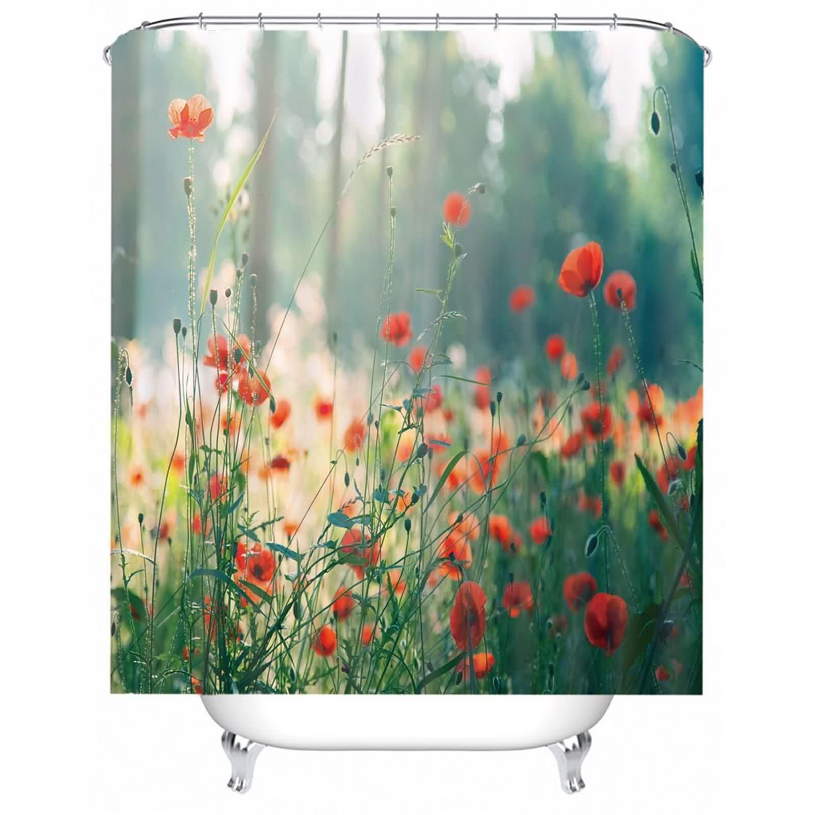 Rideau de douche fleurs rouge et vert en polyester imperméable lavable avec anneaux