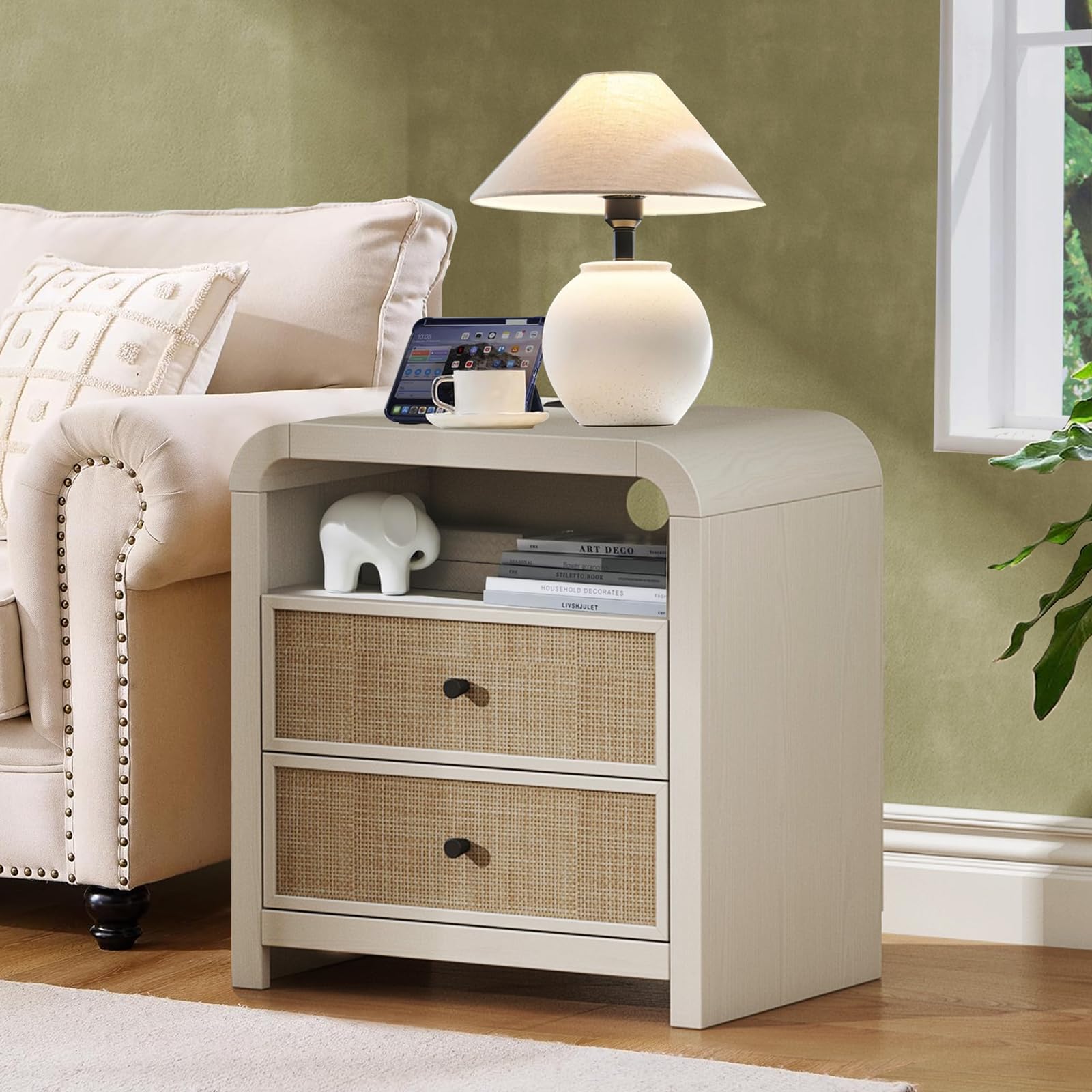 Oak&Sparrow 2 Drawer Tall Dresser for Bedroom, 23.6'' Rattan Dresser with Ample Storage, Boho Chest of Drawers, Thickened Curved Profile Design, Oak