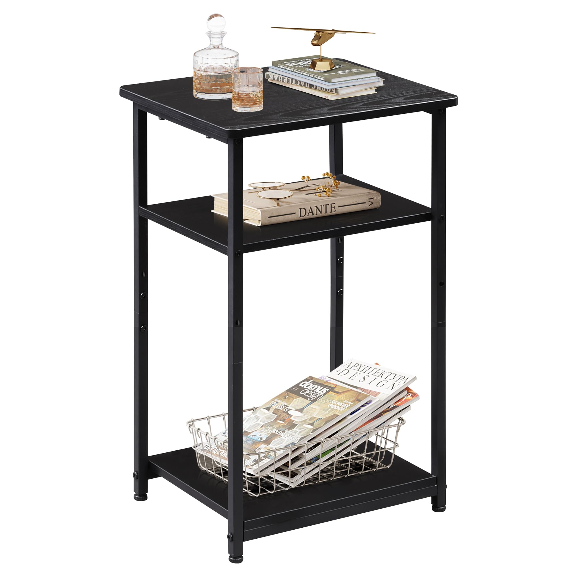 WLVE 3-Tier Side Table with Steel Frame, Adjustable Feet, 19kg Top Shelf Capacity, 56 x 37 x 31cm, End Table for Living Room, Bedroom, Office, Embossed Black