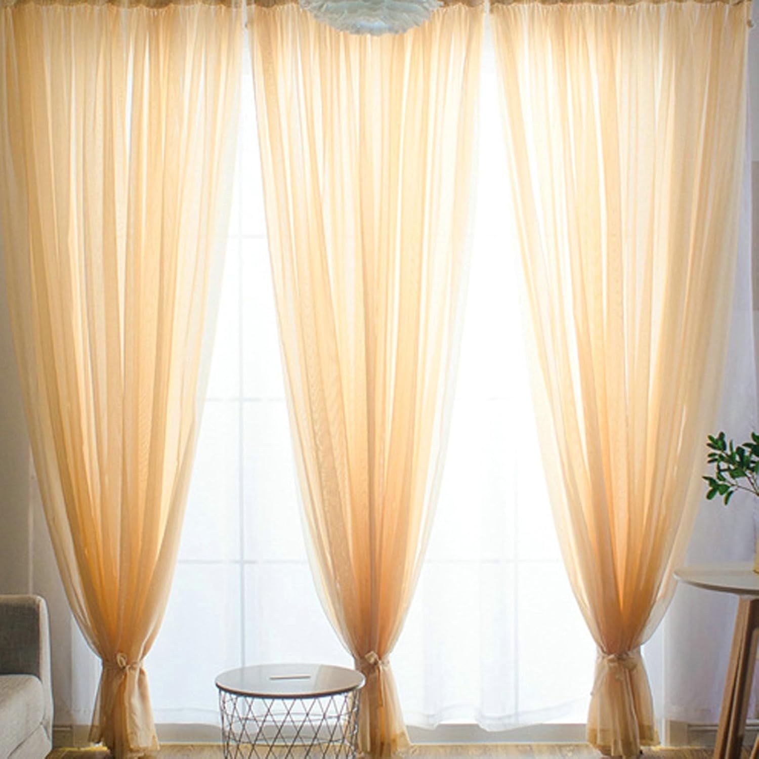 Daesar Window Curtains 2 Panel Sets, Polyester Rod Pocket Tulle Curtains 52" W x 54" H Drapes Solid Color Champagne Voile Curtains for Bedroom Living Room