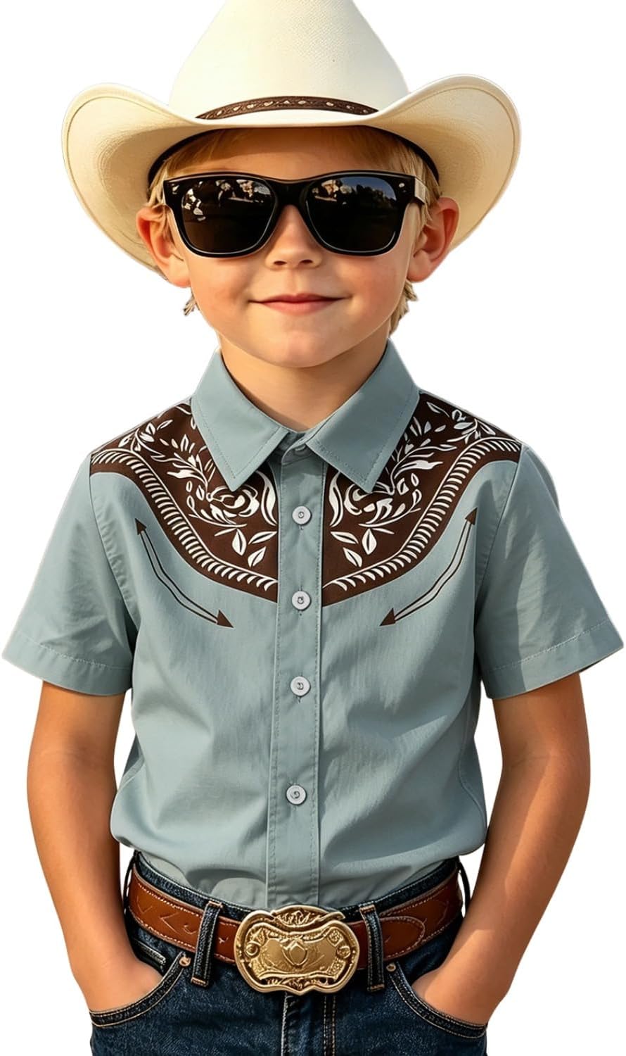 Ritatte Toddler Boys Western Cowboy Shirt Kid Button Down Shirts Retro Floral Rodeo Outfit Country Short Sleeve Top