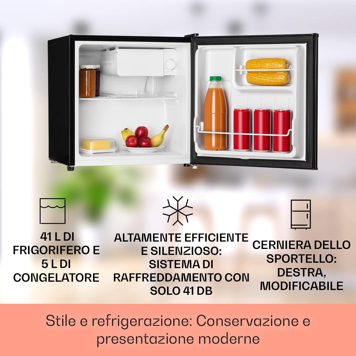 Klarstein KS50-A - Mini Frigorifero, Mini Bar, Mini Congelatore, Volume 40 L, Bassa Rumorosità 39dB, Acciaio Inox, Classe Energetica F, Temperatura Regolabile, Facile Pulizia, Colore Nero [Classe di efficienza energetica F]