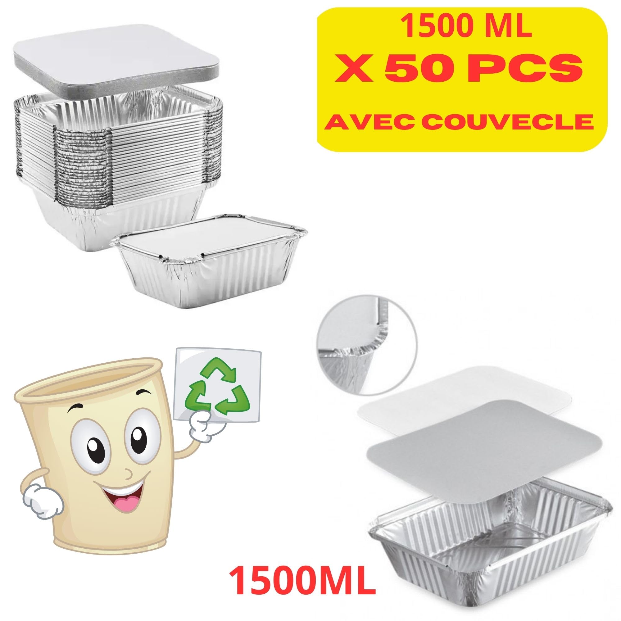 Aluminiumschalen mit Kartondeckel, 1500 ml, 50 Stück, Einweg-Lebensmittelbehälter, geeignet zum Backen, Grillen, Einfrieren, Konservieren von Lebensmitteln