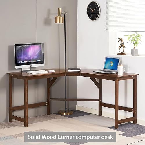 Miniatura 4 de MARCTEL Escritorio de computadora de madera de pino maciza resistente en forma de L de alta calidad, mesa de juegos grande de 55 pulgadas, estación