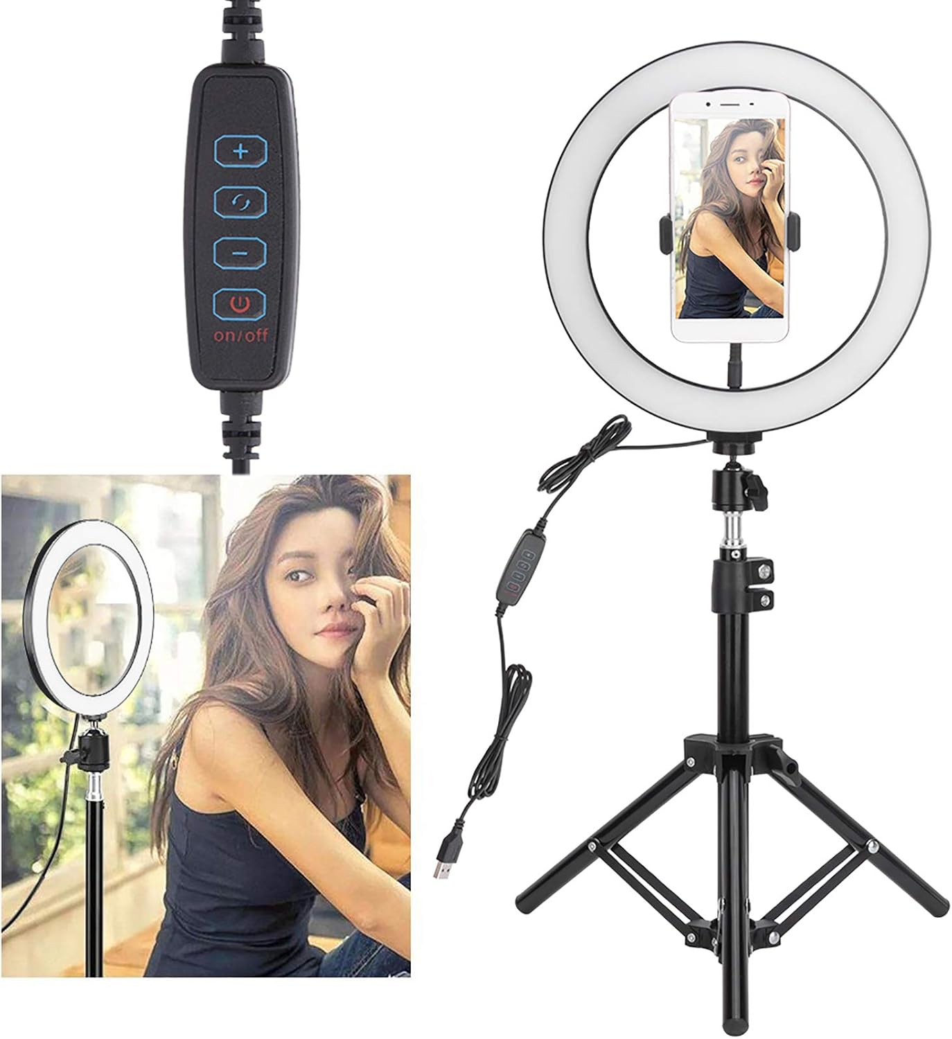 10in LED Ring Light Dimmable USB Photography Lamp with Phone Clip and Foldable Tripod, 3 Lighting Colors for Live Streaming, Makeup, Selfies