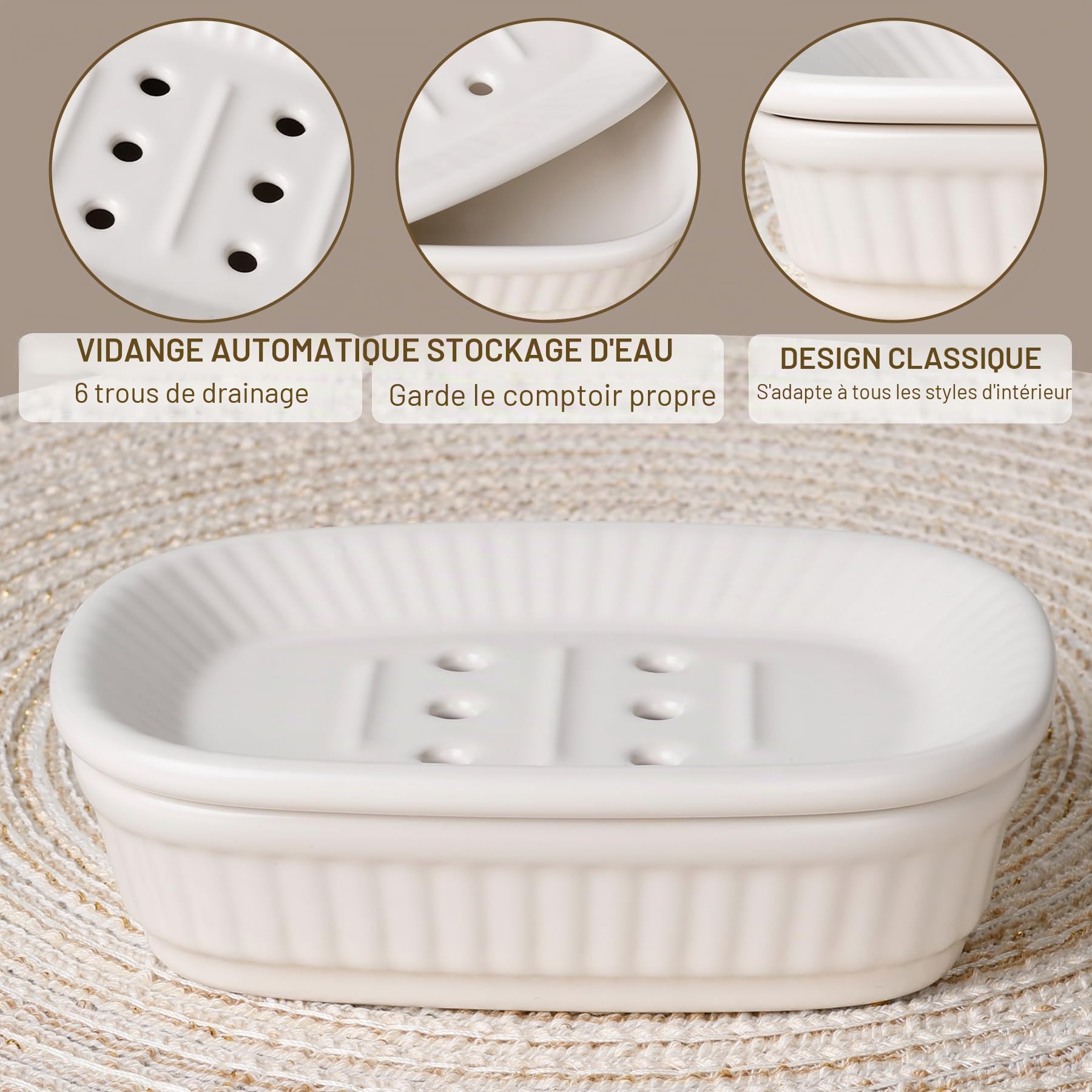 NOVAJOY Ensemble de salle de bain en céramique 5 pièces avec distributeur de savon, porte-savon, porte-brosse à dents, boîte à cotons-tiges, beige et blanc