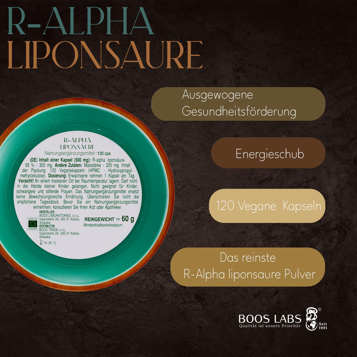 R-Alpha Liponsäure ALA | 120 Vegane Kapseln | 1 Kapsel am Tag | Hochdosiert, Laborgeprüft, Ohne Gentechnik, Glutenfrei | Antioxidans & Nahrungsergänzungsmittel