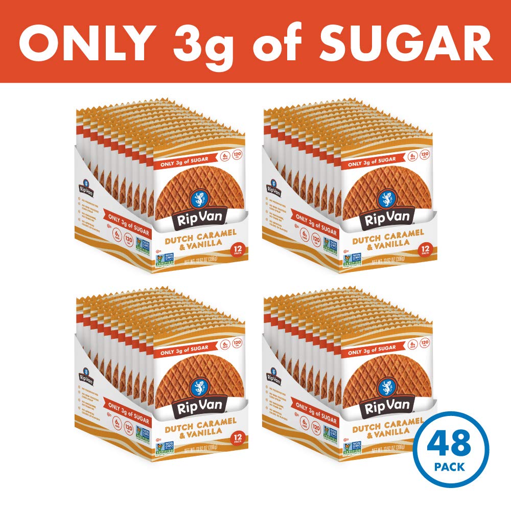 Rip Van Wafels Dutch Caramel & Vanilla Stroopwafels - Healthy Snacks - Non GMO Snack - Keto Friendly - Office Snacks - Low Sugar (3g) - Low Calorie Snack - 48 Pack