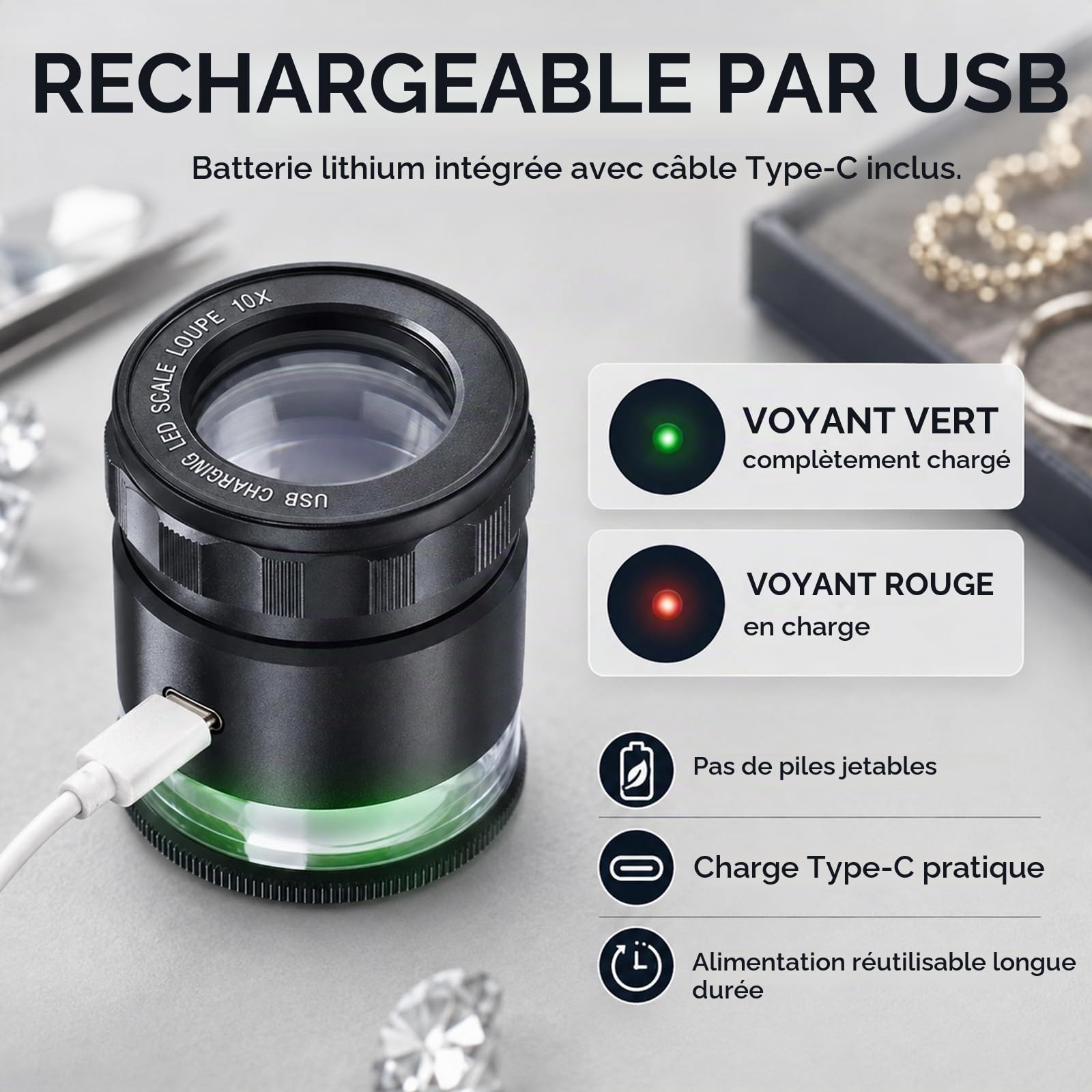 Loupe de bijoutier 10x avec échelle Rechargeable lumières LED lentille 25mm