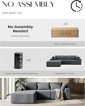 Lifelink 108 Boneless Couch L-Shaped Modular Sectional: Couches for Living Room - Cloud Sofa with Deep Seat High Back - Oversized Left Facing Chaise - No Assembly Required - Grey