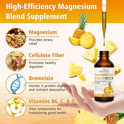 Miniatura 3 de Líquido de glicinato de magnesio, gotas líquidas de magnesio de alta absorción con fibra de celulosa, bromelina, vitaminas B6 C D y zinc, suplemento