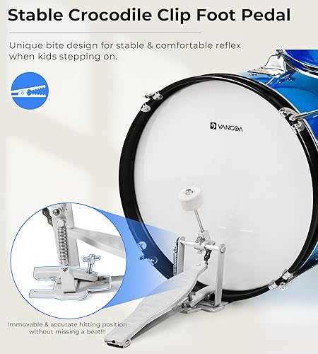 Miniatura 3 de Vangoa Juego de batería junior para niños de 16 pulgadas, 5 piezas, para principiantes, con trono ajustable y platillo, pedal y baquetas, azul