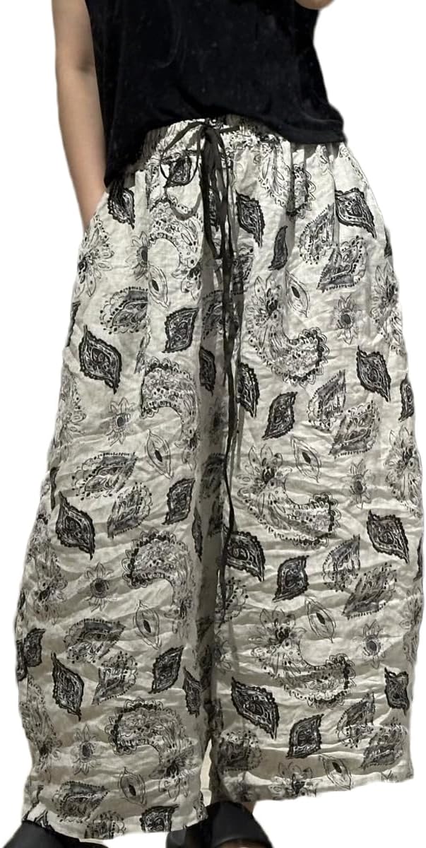Women Wide Leg Pants Linen Floral Drawstring Waist Cropped Culottes Summer Trousers Bottoms with Pockets