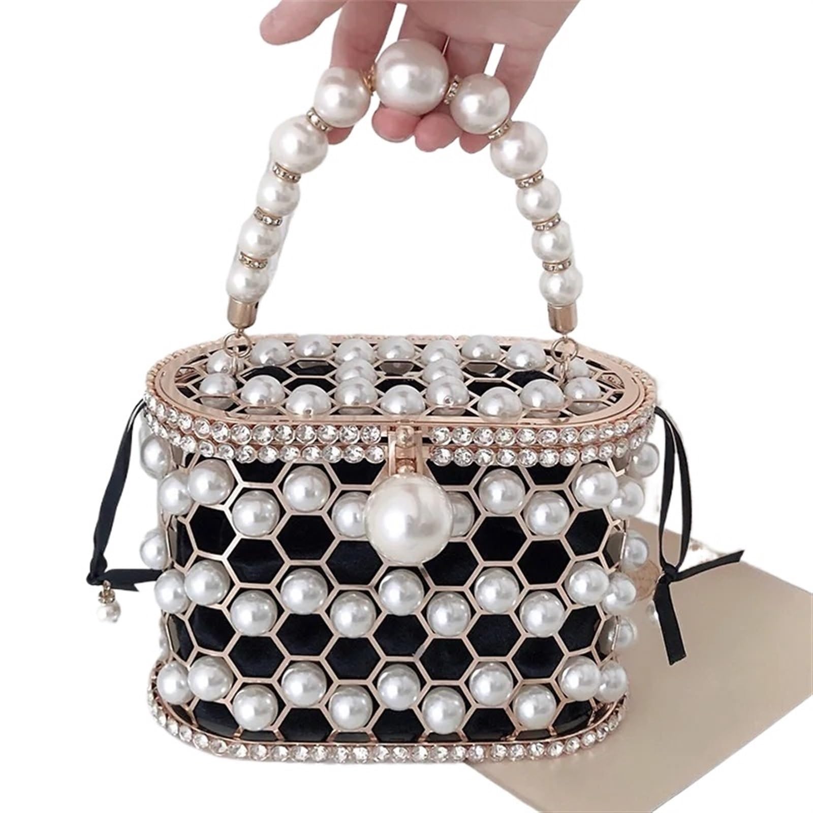 Borse Serali per Donna Borsa a Mano e Portamonete di Perle for Donna Borsa a Mano for Festa di Nozze Traforata Borsa da Sera con Manico in Metallo e Strass(Black)