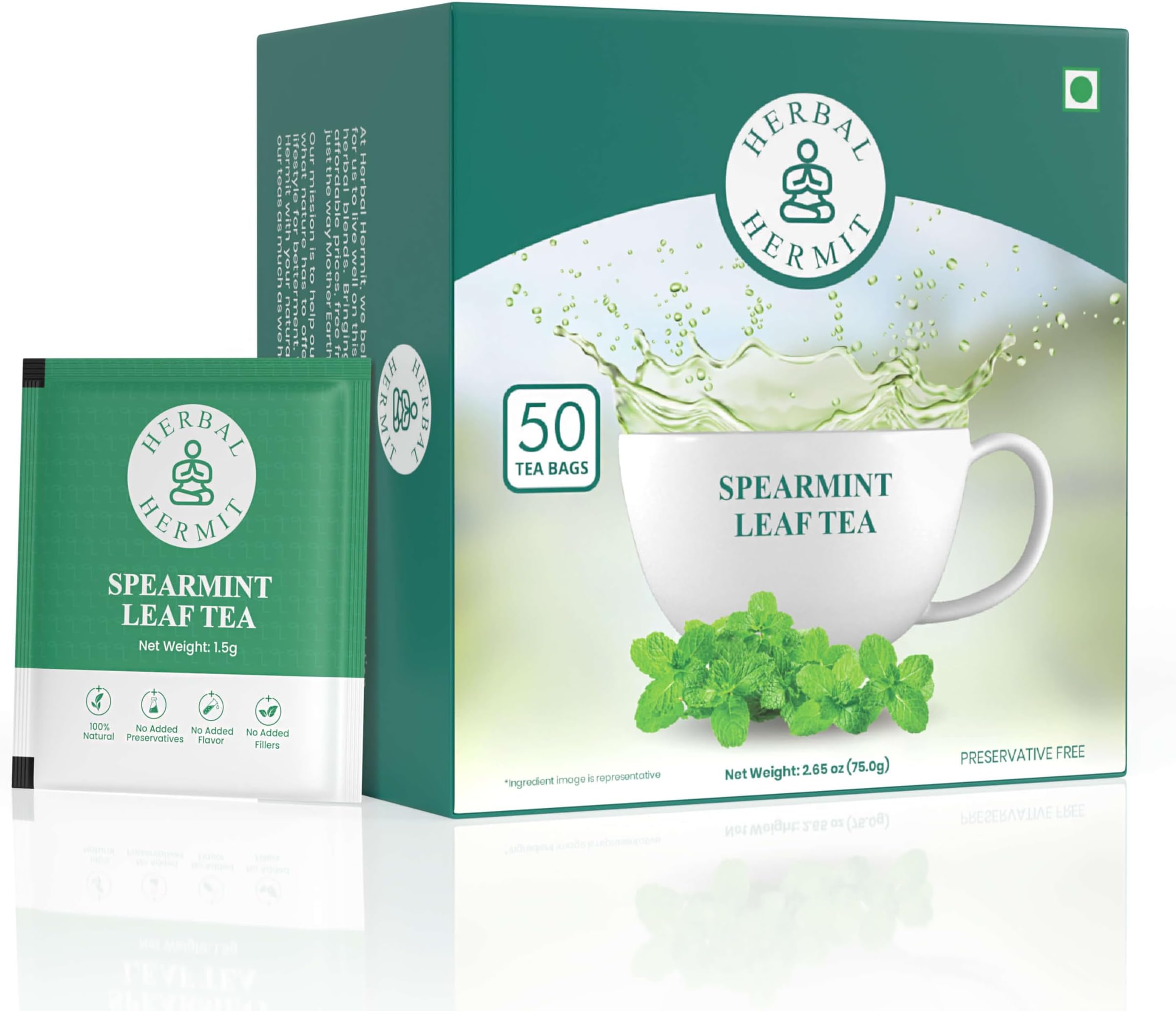 Spearmint Tea Bags (50 count) with 100% Pure Natural Spearmint Leaves| Non GMO, Caffeine Free Herbal Tea in Individually Wrapped Tea Bags