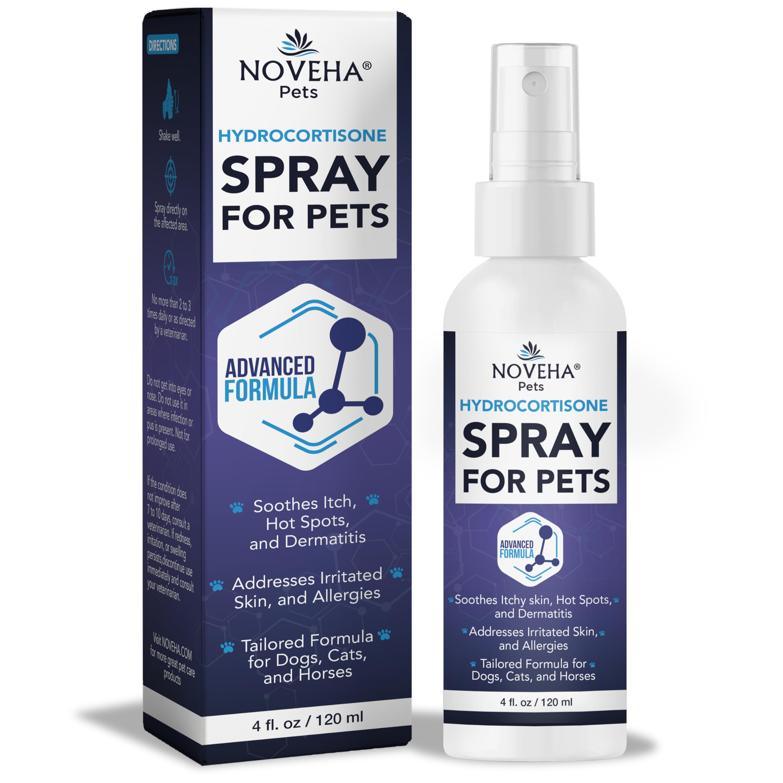 NOVEHA 1% Hydrocortisone Spray for Dogs, Cats, Horses – Hot Spot Treatment & Itch Relief for Pets – Advanced Formula Soothes Itch, Hot Spots, Dermatitis, Irritated Dry Itchy Skin & Allergies – 120mL
