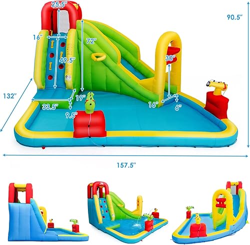 Miniatura 6 de HONEY JOY Toboganes acuáticos inflables, castillo inflable 7 en 1 para niños con pared de escalada y toboganes largos, piscina grande y 2 cañones de