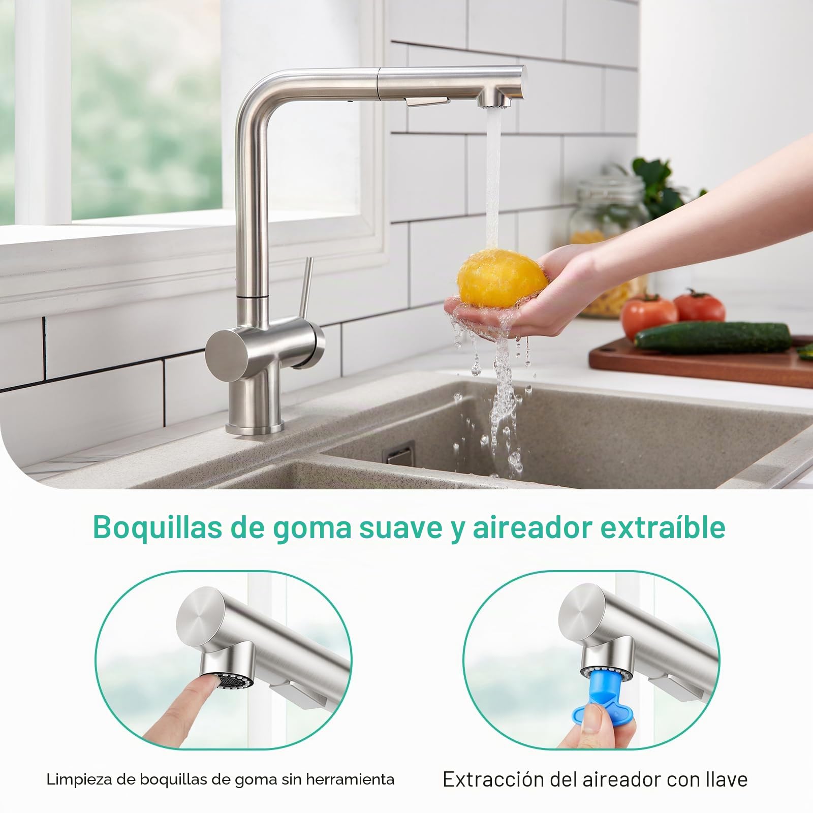 Faustina Grifo para Fregadero de Cocina Extraíble, Mezclador Monomando, cepillado