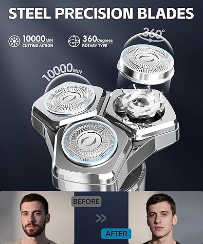 Miniatura 3 de Maquinilla de afeitar eléctrica para hombres, motor de alta velocidad de 10,000 RPM, IPX8 impermeable, carga rápida USB, carga rápida y bloqueo de